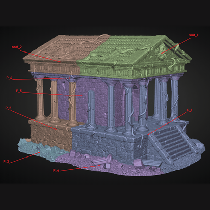 3D model of a classical temple with labeled parts on a black background