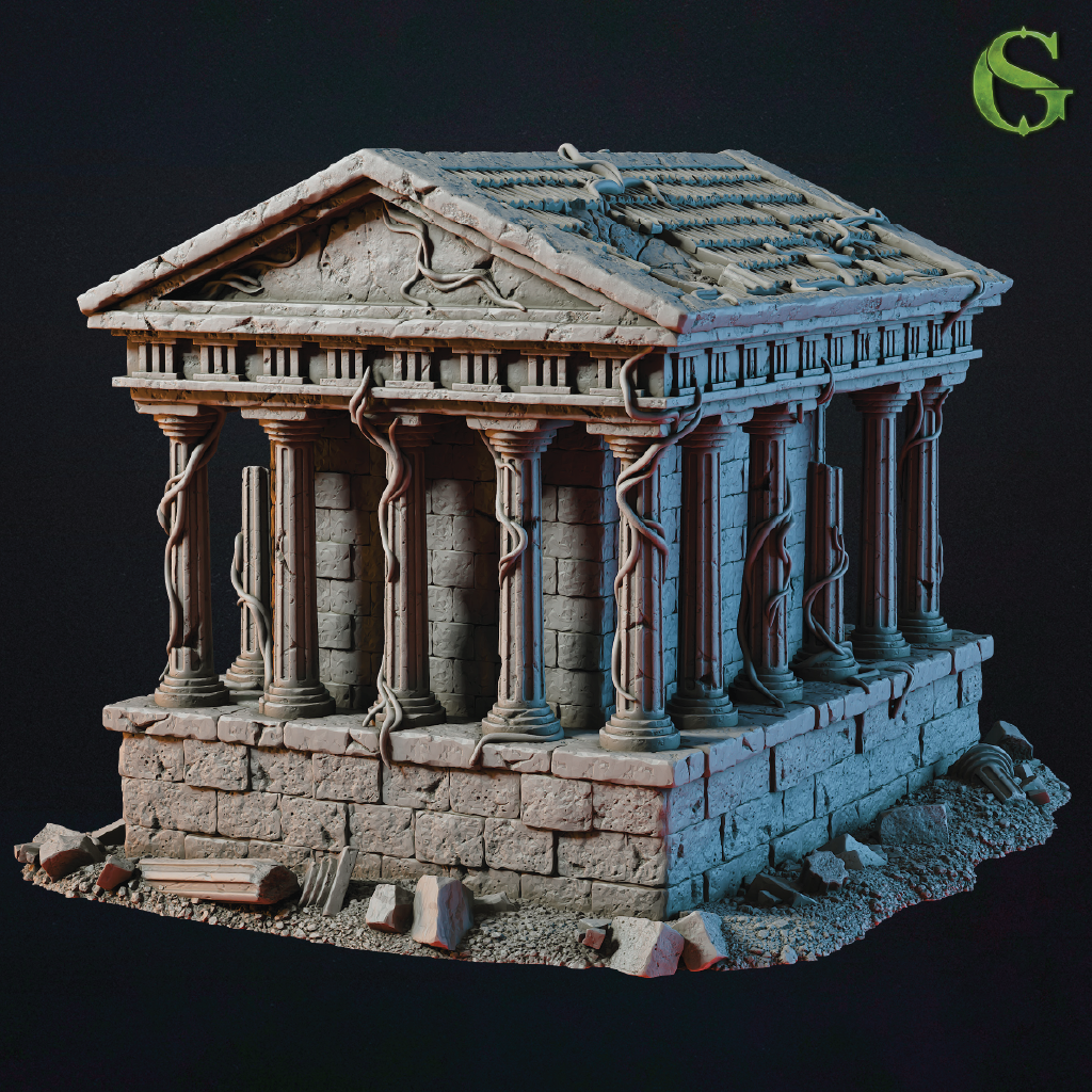 Model of an ancient temple with detailed architecture on a dark background