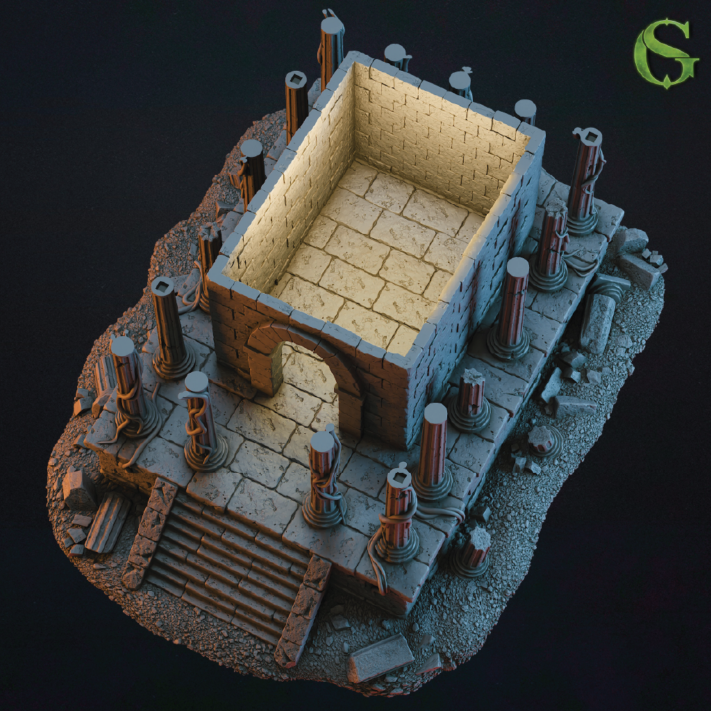 Model of a stone structure with glowing interior on a dark background