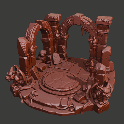 A 3D-rendered fantasy ruins set with stone arches, a circular platform, carved details, and gargoyle-like creatures at the corners, shown in a uniform reddish-brown color on a dark gray background.
