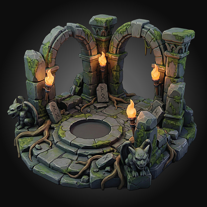 A gothic fantasy miniature diorama base featuring stone arches, mossy pillars, gargoyle statues, and glowing torches around a circular stone pool, shown on a dark gradient background.