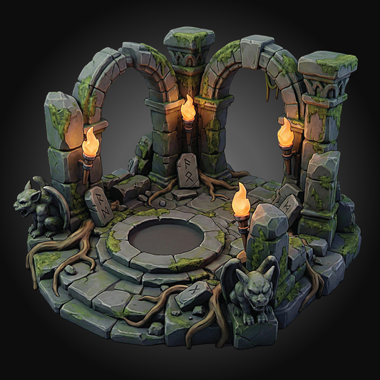 A gothic fantasy miniature diorama base featuring stone arches, mossy pillars, gargoyle statues, and glowing torches around a circular stone pool, shown on a dark gradient background.