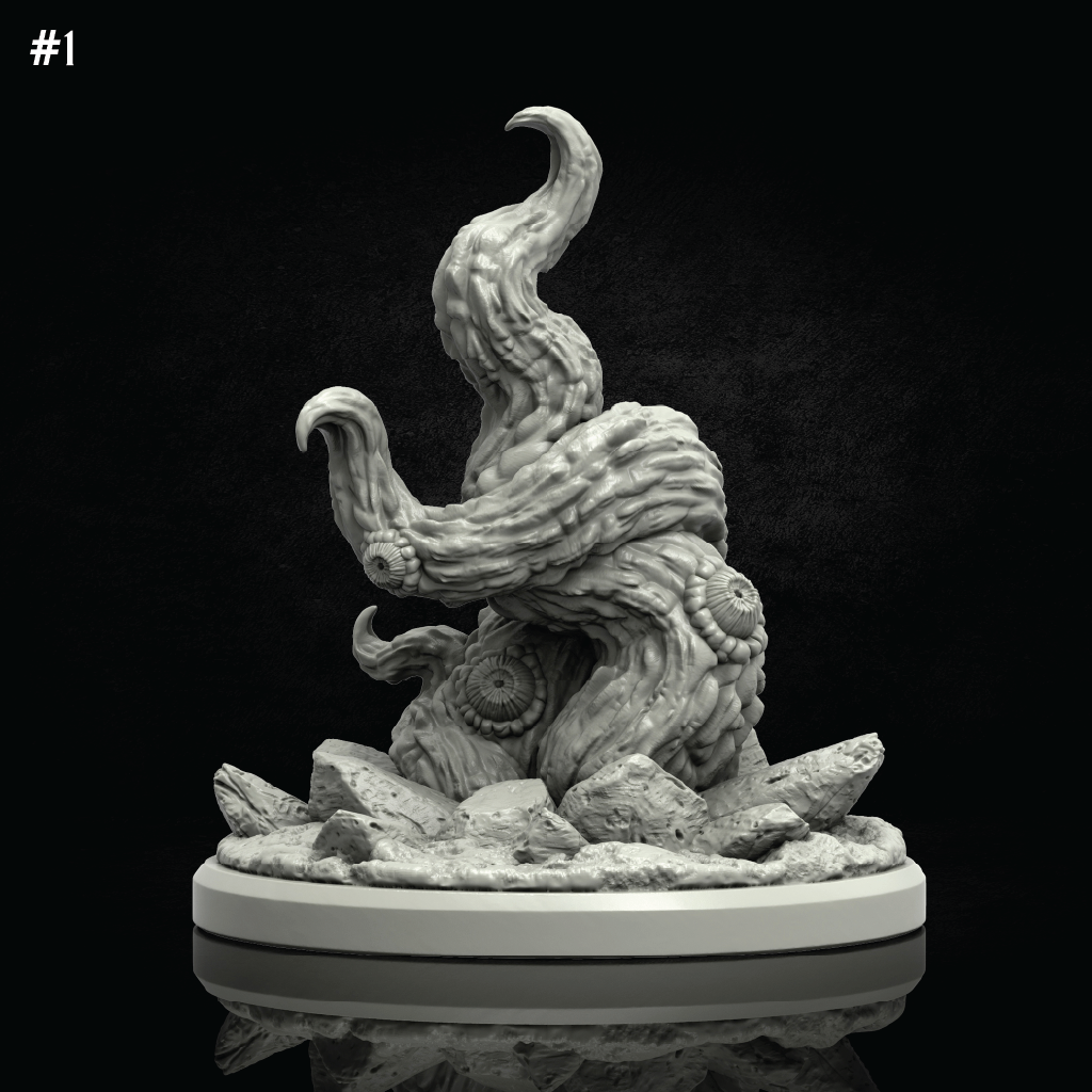 A gray fantasy tree stump sculpture or miniature figurine with curled branches and bark texture, displayed on a round base against a black background.