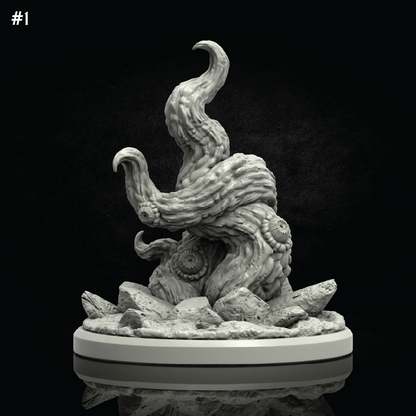 A gray fantasy tree stump sculpture or miniature figurine with curled branches and bark texture, displayed on a round base against a black background.