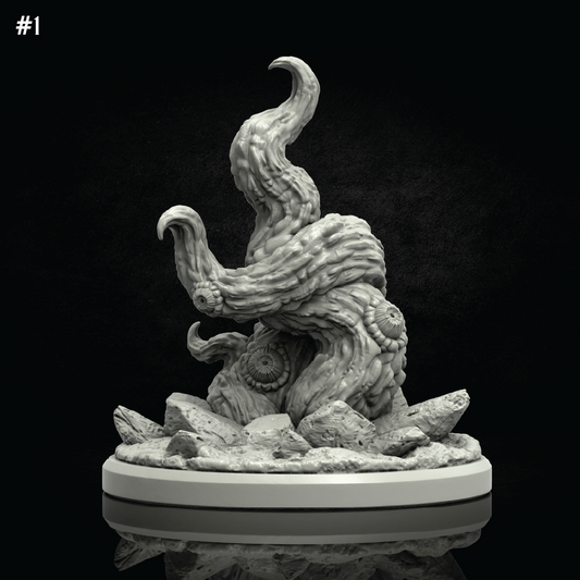 A gray fantasy tree stump sculpture or miniature figurine with curled branches and bark texture, displayed on a round base against a black background.