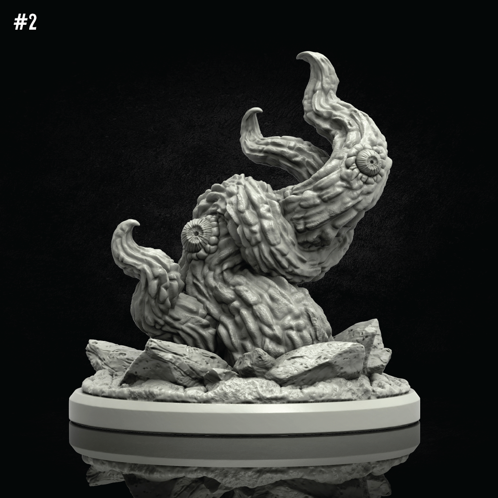 A gray fantasy monster figurine or 3D-printed miniature on a round display base, shown against a black background with a reflection below. The creature has textured, writhing organic forms with multiple curled limbs and floral details.