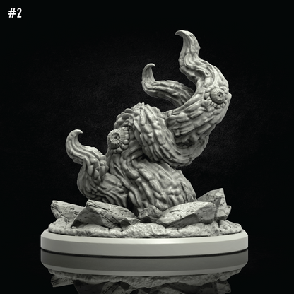 A gray fantasy monster figurine or 3D-printed miniature on a round display base, shown against a black background with a reflection below. The creature has textured, writhing organic forms with multiple curled limbs and floral details.
