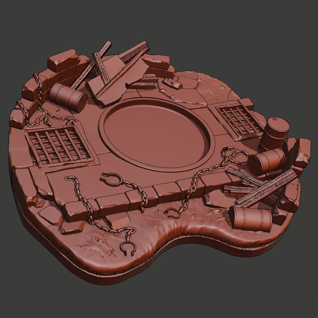 A 3D-rendered brown tabletop gaming terrain piece shaped like a ruined stone platform with barrels, chains, crates, and debris, shown on a dark gray background.