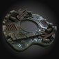 A highly detailed miniature terrain piece depicting a ruined stone platform with a central circular opening, surrounded by barrels, chains, and debris, set against a dark vignette background.