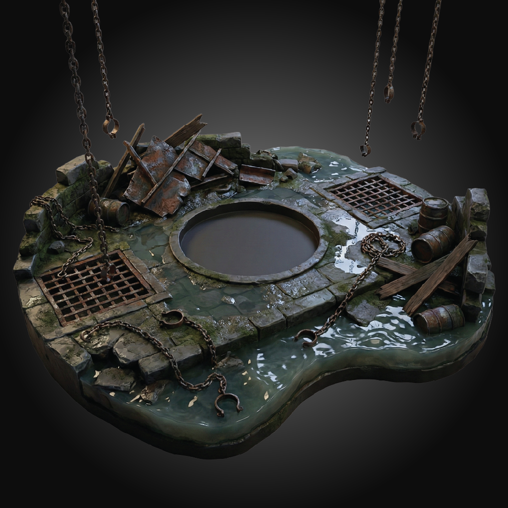 A gothic-style stone well head sculpture or decorative piece featuring a circular opening, weathered stone textures, rusted metal grates, chains, and small barrels, shown against a dark gradient background.