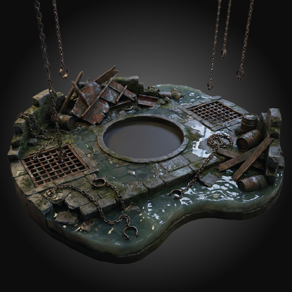 A gothic-style stone well head sculpture or decorative piece featuring a circular opening, weathered stone textures, rusted metal grates, chains, and small barrels, shown against a dark gradient background.
