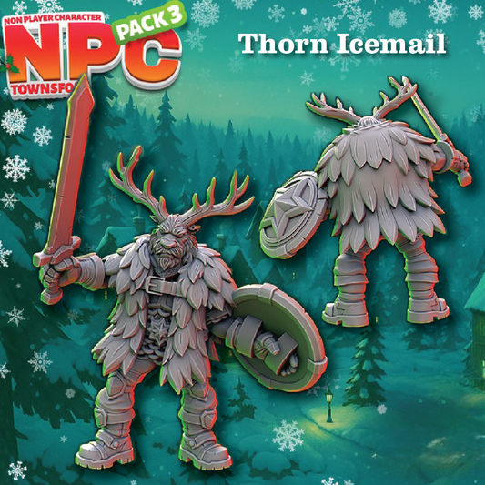 Promotional graphic for an NPC mini figure set, showing the front and back views of a 'Thorn Icemail' fantasy character. The figure is depicted with a gray fur-like body, antlers, a sword, and shield, set against a snowy green forest background.