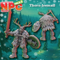 Promotional graphic for an NPC mini figure set, showing the front and back views of a 'Thorn Icemail' fantasy character. The figure is depicted with a gray fur-like body, antlers, a sword, and shield, set against a snowy green forest background.