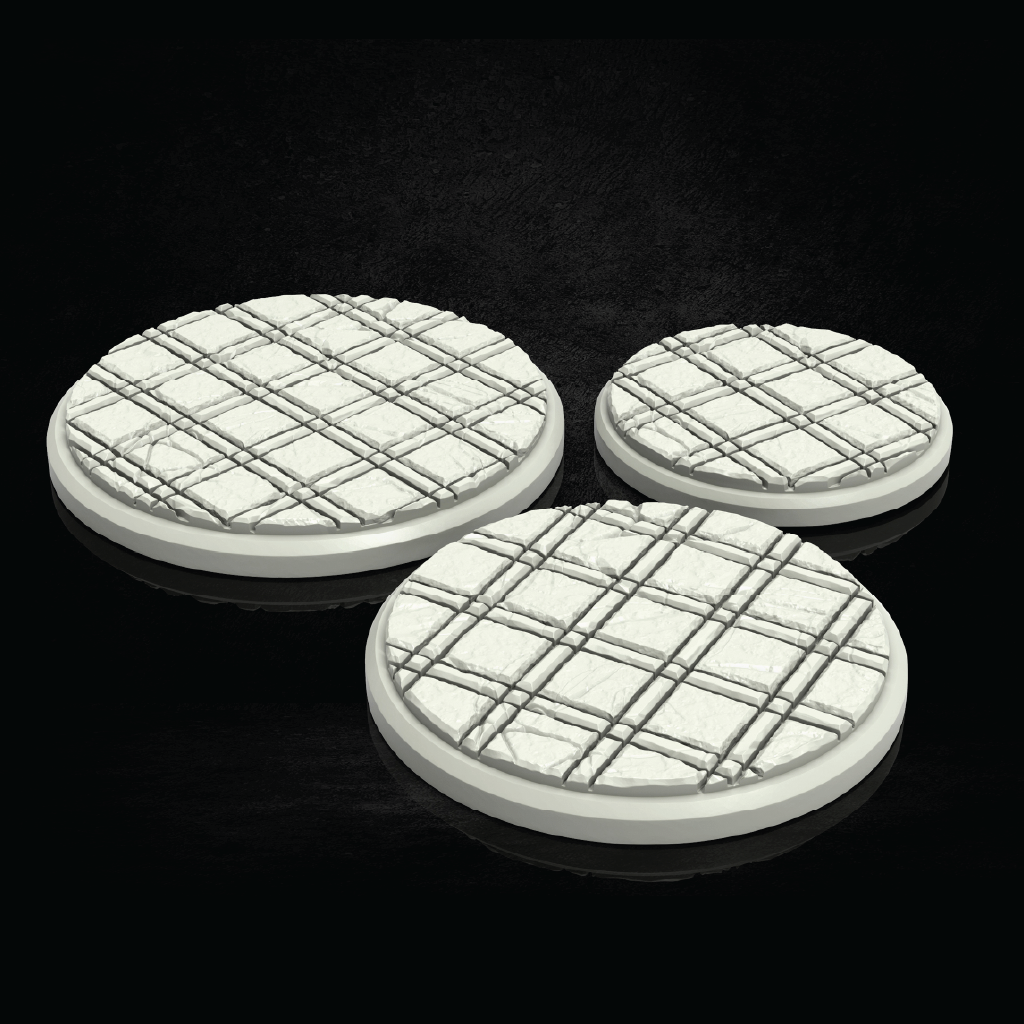 Three round white textured discs with a raised crisscross grid pattern on top, arranged on a glossy black reflective surface.