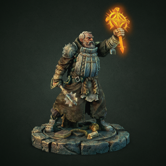 Statue of a warrior holding a glowing staff on a dark background