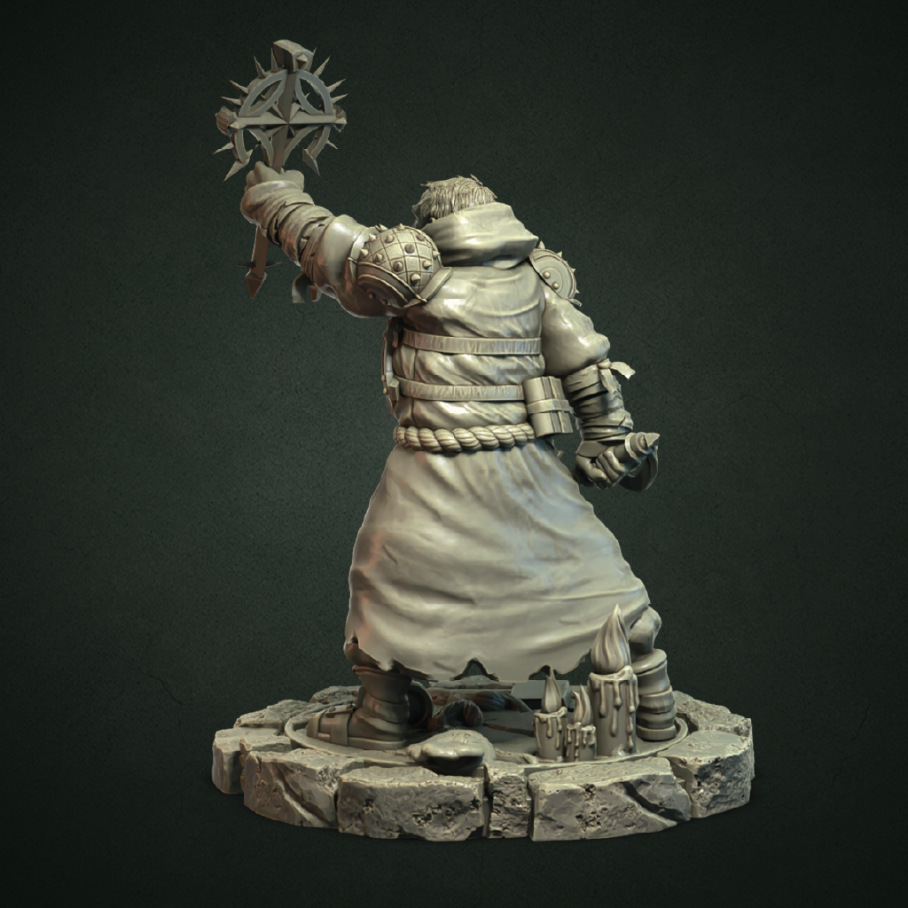 Statue of a armored figure holding a weapon on a dark background