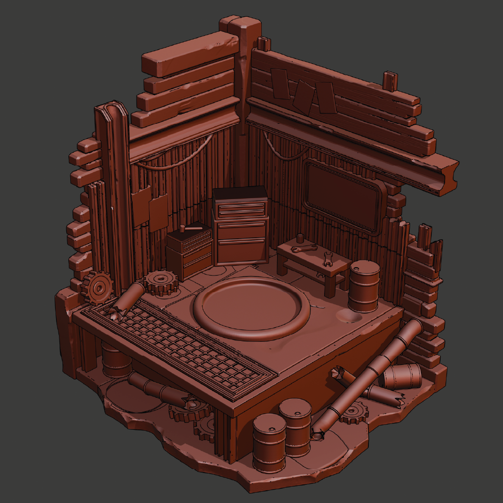 A 3D digital render of a steampunk-themed workshop or control room set, shown in a uniform brown color on a dark gray background.