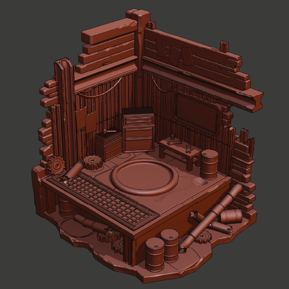 A 3D digital render of a steampunk-themed workshop or control room set, shown in a uniform brown color on a dark gray background.
