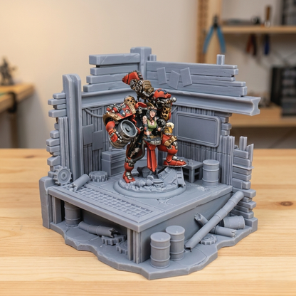 A miniature tabletop gaming diorama set featuring a gray industrial sci-fi structure with a painted red and gold armored fantasy warrior figurine standing inside, photographed on a wooden tabletop with a blurred workshop background.