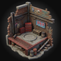 A miniature diorama model of a vintage garage workshop, featuring a concrete floor with a circular pit, red tool chests, wooden walls, brick accents, and various toy barrels and signage, isolated on a dark background.