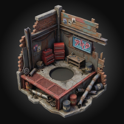 A miniature isometric diorama of a retro sci-fi garage or workshop, featuring red tool chests, a workbench, barrels, pipes, and a central circular pit, set against a dark gradient background.