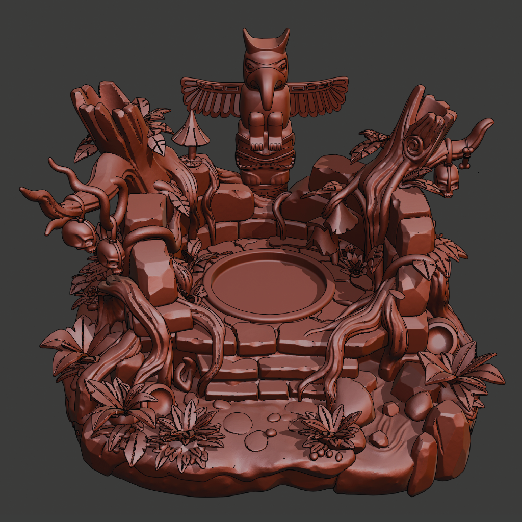 A detailed fantasy stone pedestal sculpture in a uniform reddish-brown color, featuring a central circular opening, carved roots, foliage, a totem-like figure, and a winged bird motif, shown on a dark gray background.