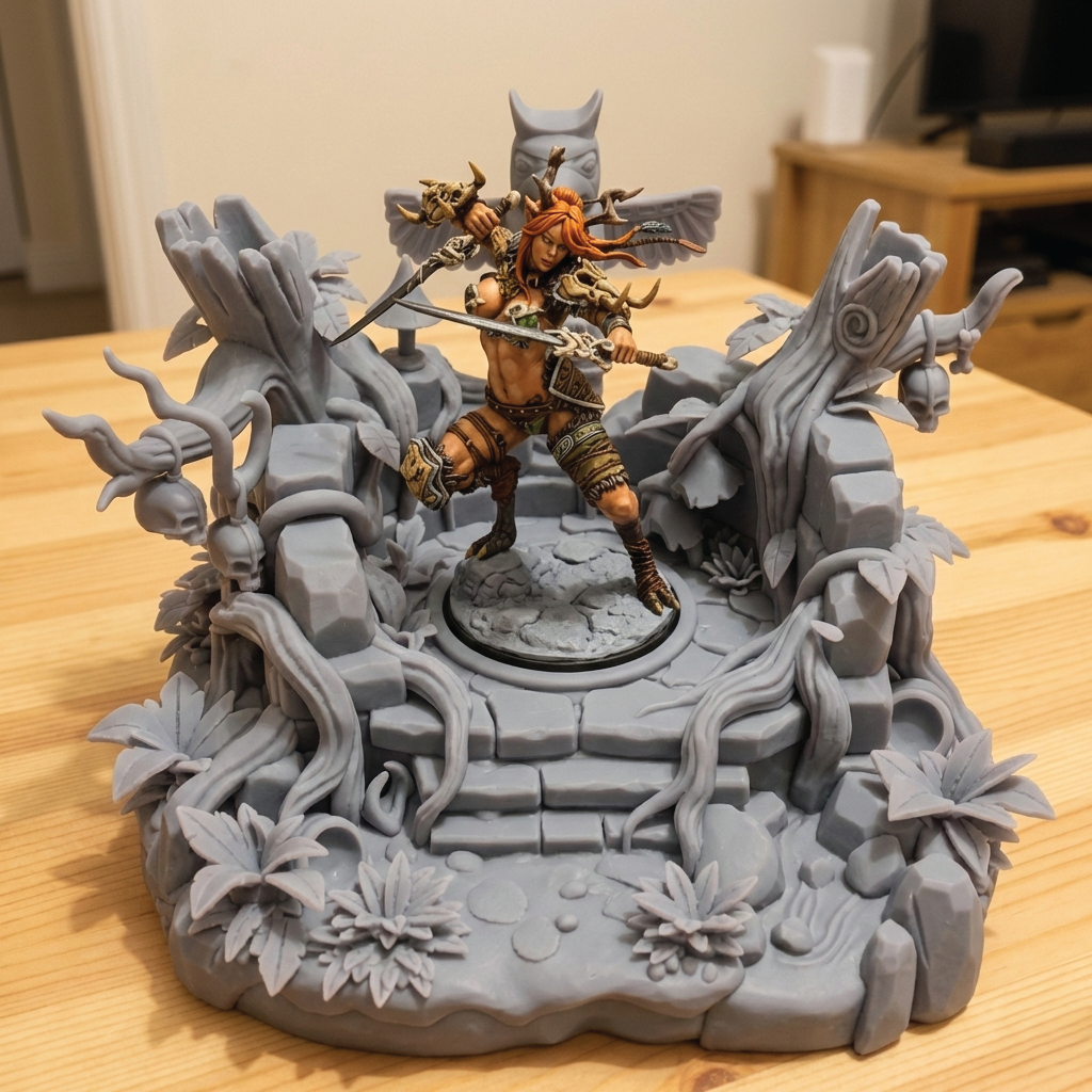 A 3D-printed unpainted tabletop miniature display featuring a fantasy warrior figurine posed on a detailed stone platform with vines and rock textures, shown on a wooden table.