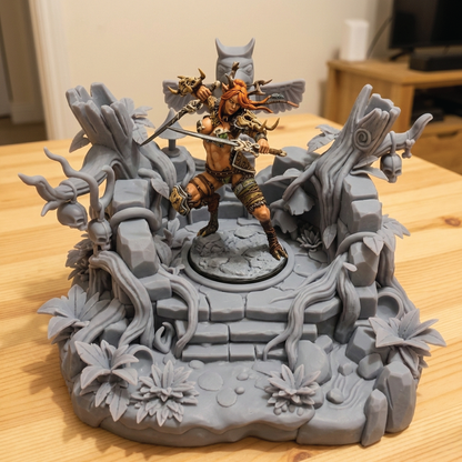 A 3D-printed unpainted tabletop miniature display featuring a fantasy warrior figurine posed on a detailed stone platform with vines and rock textures, shown on a wooden table.