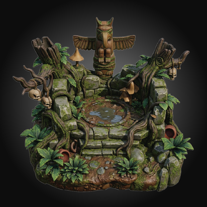 A detailed fantasy miniature base depicting an ancient, moss-covered stone altar or well surrounded by faux trees, skulls, mushrooms, and green foliage, set against a dark gradient background.