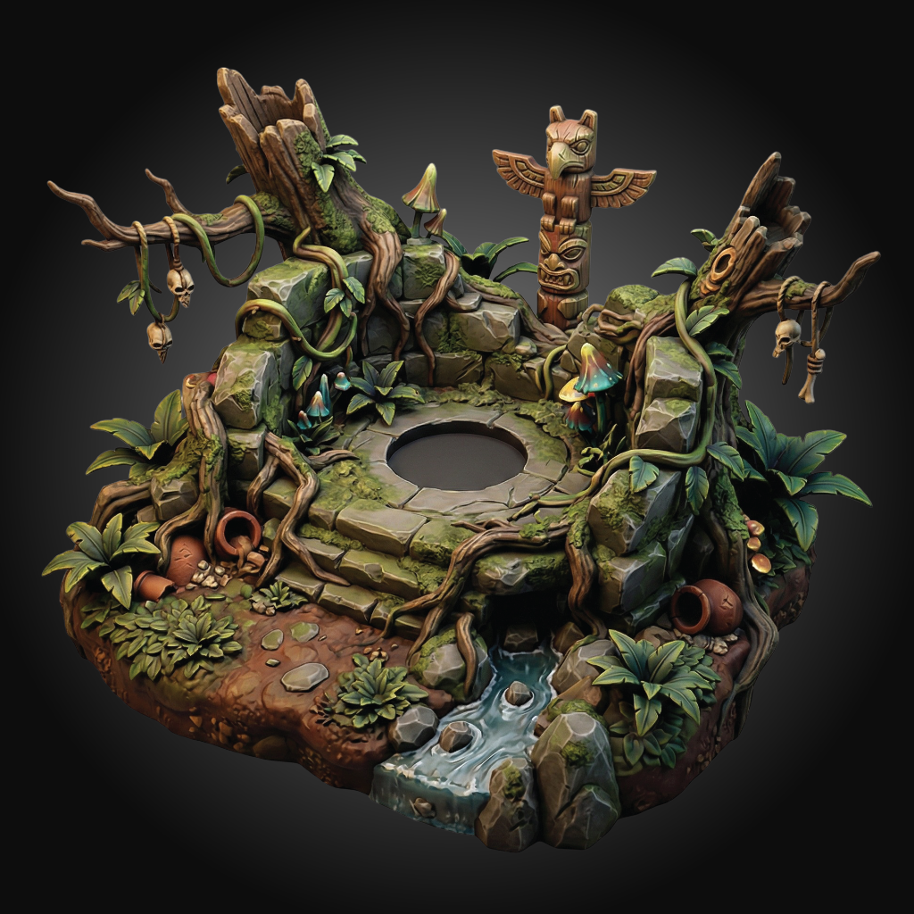 A highly detailed fantasy miniature terrain piece depicting a mossy stone well surrounded by jungle foliage, vines, a small stream, and a carved totem pole, set against a dark gradient background.