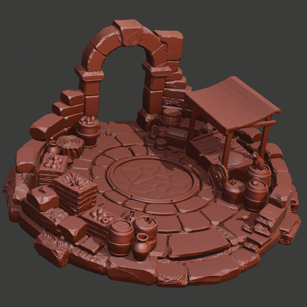 A 3D-rendered miniature tabletop terrain piece in a uniform reddish-brown color, featuring a circular stone platform, ruined archway, barrels, crates, and a small shelter on a dark gray background.