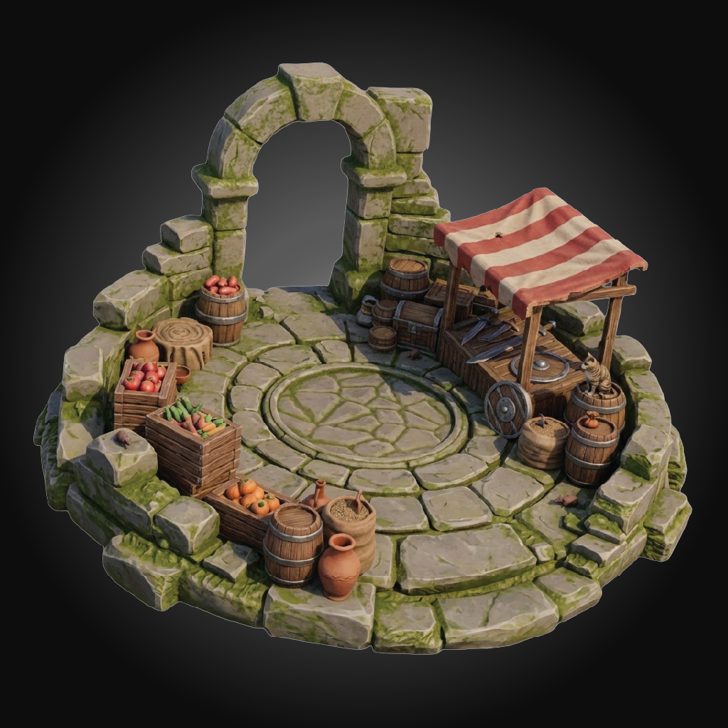 A miniature fantasy stone platform set with an archway, circular stone floor, rustic market stall with a red-and-white striped awning, barrels, crates, and small produce, shown on a dark gradient background.