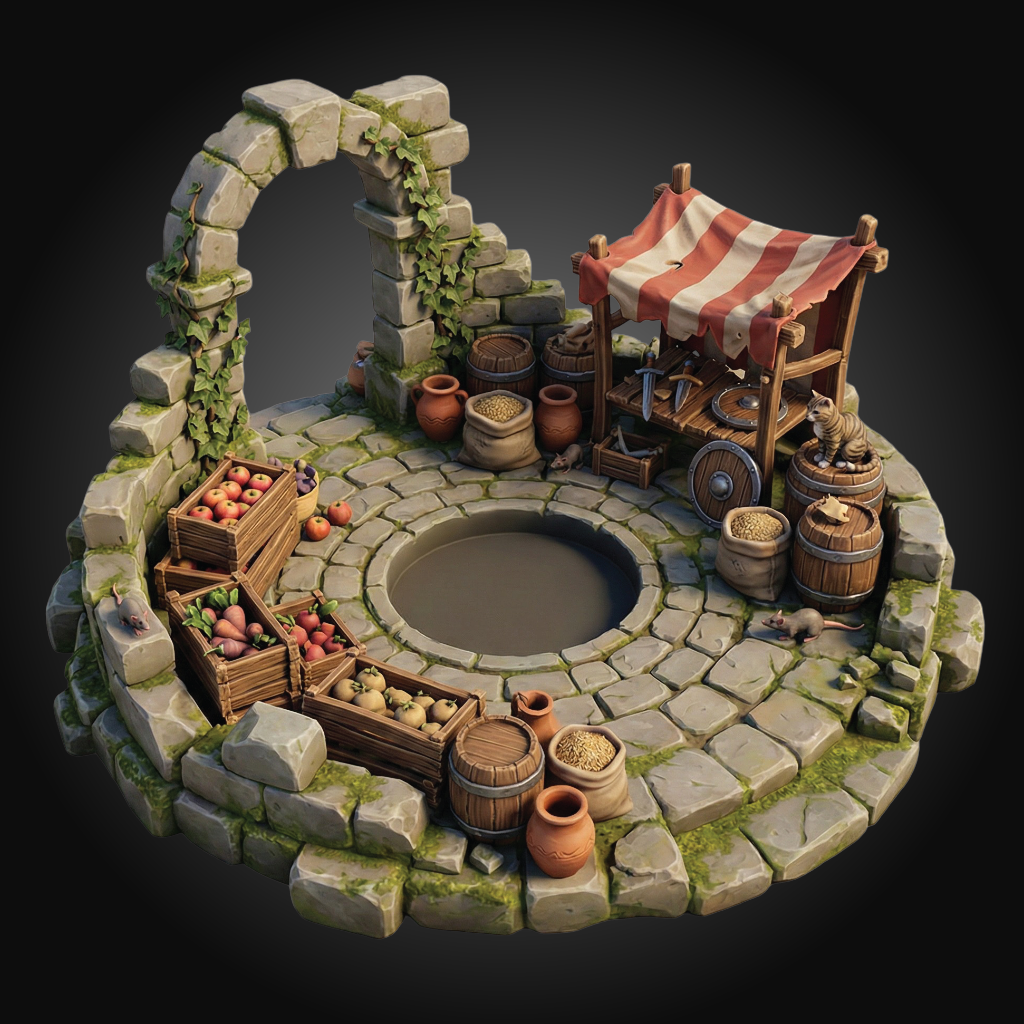 A miniature fantasy marketplace scene on a circular stone platform, featuring a central well, stone archway with ivy, wooden barrels, crates of fruit and vegetables, and a market stall with a red-and-white striped awning. The scene is rendered as a clean product-style miniature set against a dark gradient background.