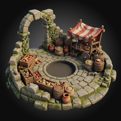 A miniature fantasy marketplace scene on a circular stone platform, featuring a central well, stone archway with ivy, wooden barrels, crates of fruit and vegetables, and a market stall with a red-and-white striped awning. The scene is rendered as a clean product-style miniature set against a dark gradient background.