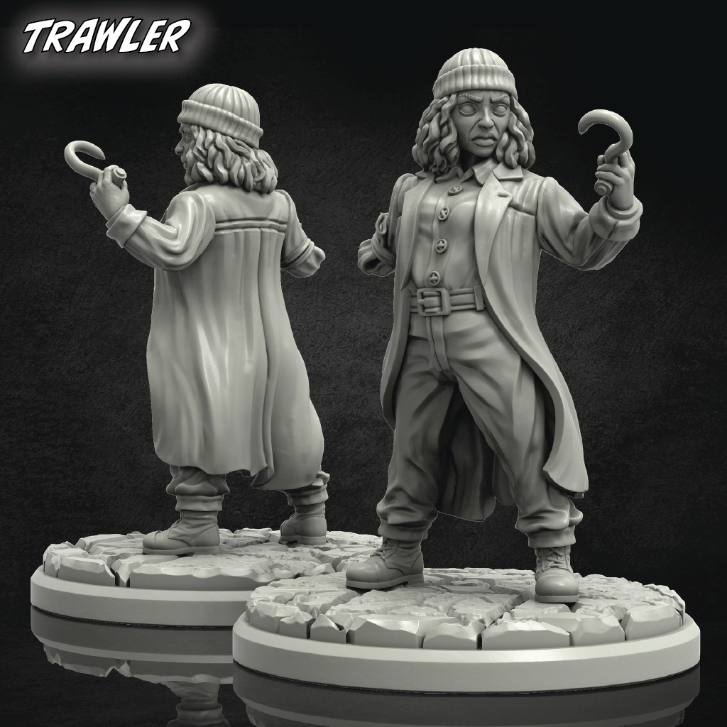 Two gray resin figurines of a character with long hair and a coat, holding a hook, on a dark background.