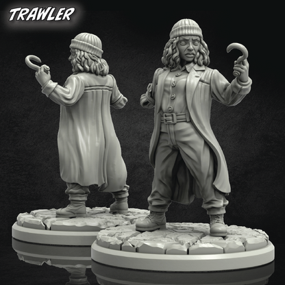 Two gray resin figurines of a character with long hair and a coat, holding a hook, on a dark background.