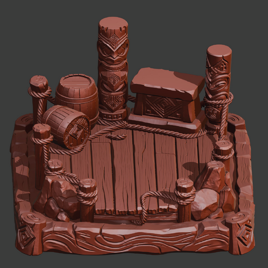 Wooden tiki bar model with barrels and ropes on a dark background