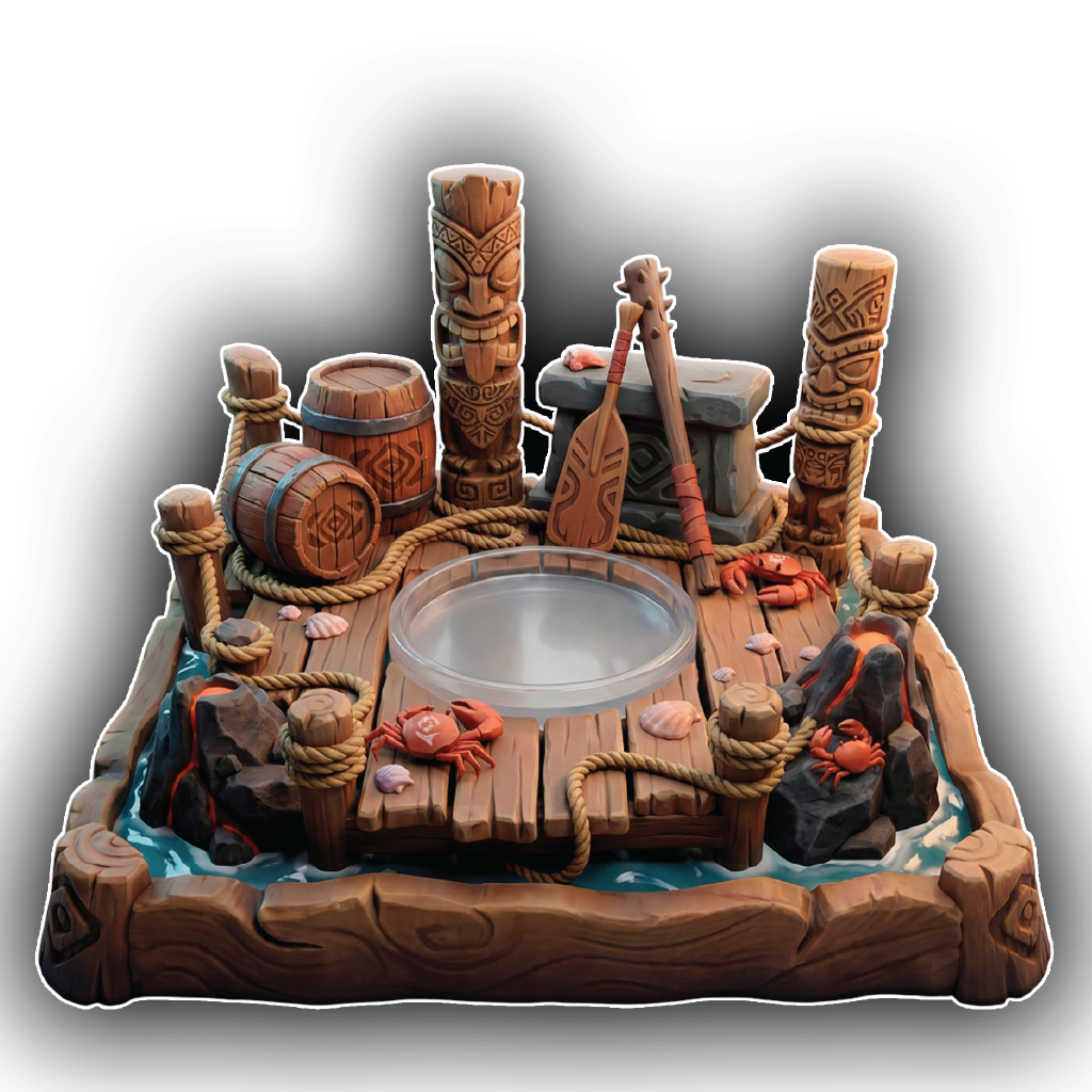 Tiki bar scene with wooden furniture, barrels, and decorations on a white background