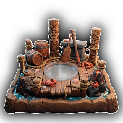 Tiki bar scene with wooden furniture, barrels, and decorations on a white background