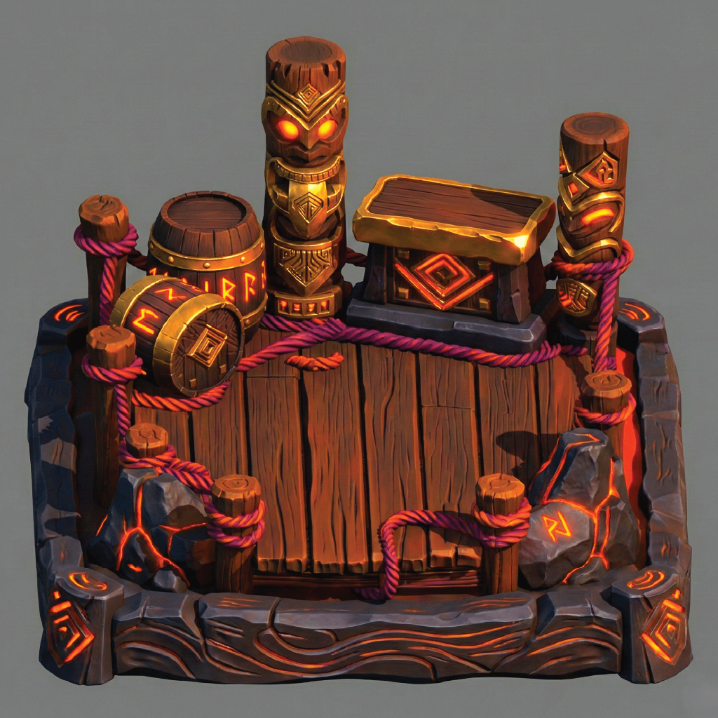 Wooden structure with tiki torches, barrels, and crates on a gray background