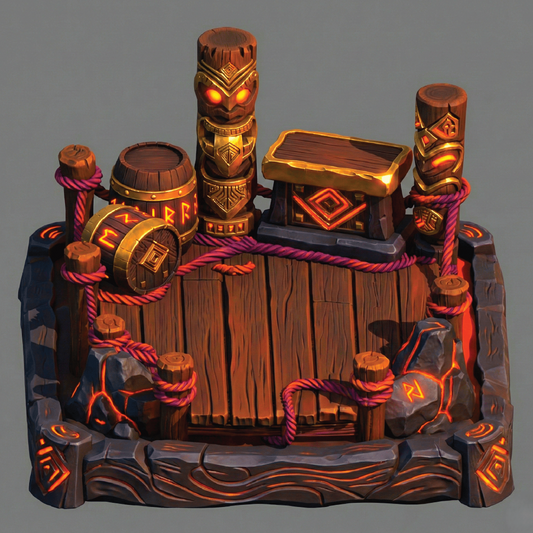 Wooden structure with tiki torches, barrels, and crates on a gray background