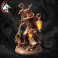 A fantasy tabletop miniature figurine of a witch-like character in a tall hat and coat, holding a glowing lantern and carrying a small creature, set against a dark spooky forest background. A red and black circular logo appears in the top-left corner.