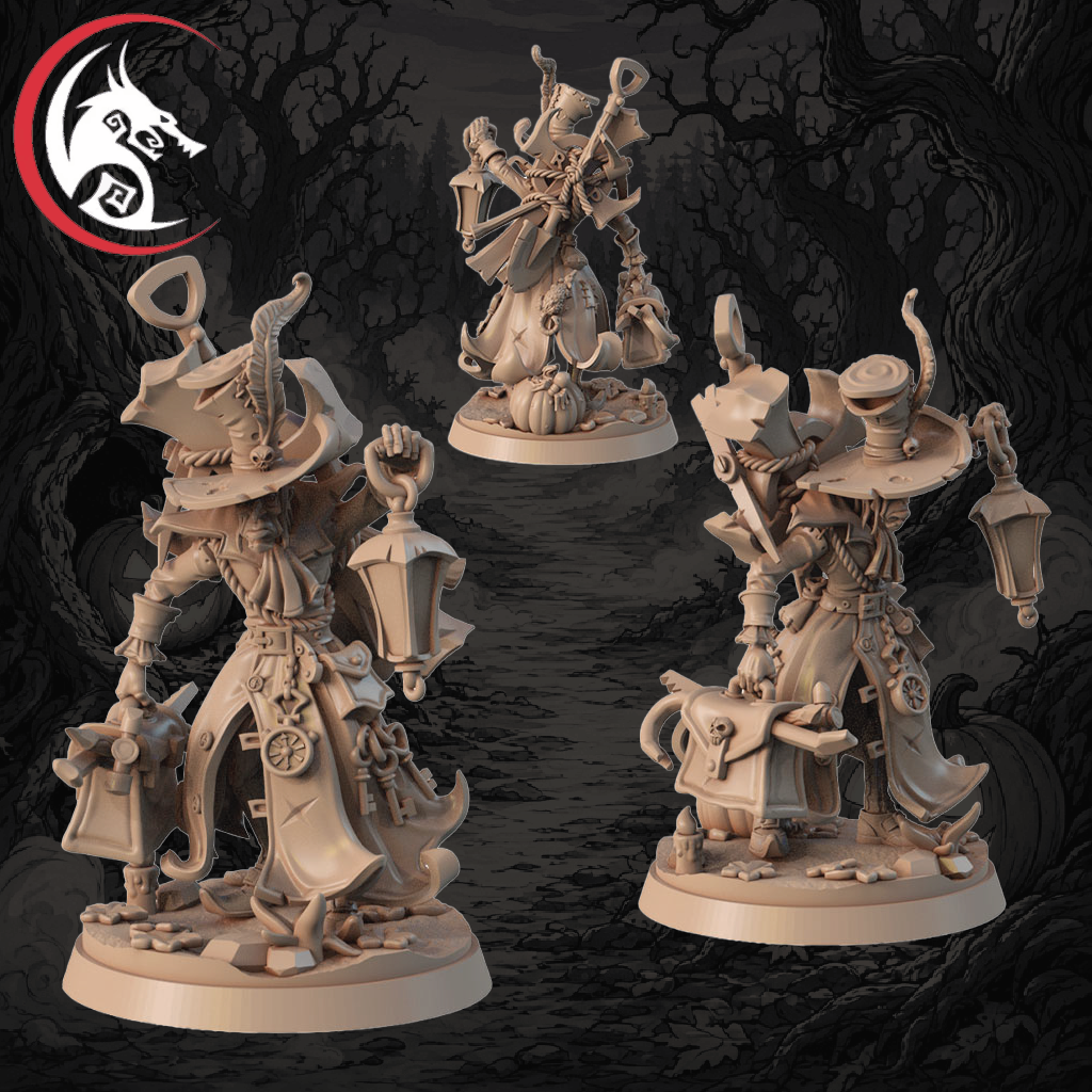 Three unpainted fantasy miniature figurines shown from different angles against a dark spooky forest background, with a white and black dragon logo in the top-left corner.