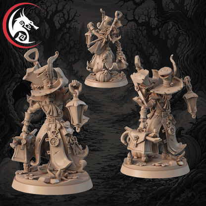 Three unpainted fantasy miniature figurines shown from different angles against a dark spooky forest background, with a white and black dragon logo in the top-left corner.