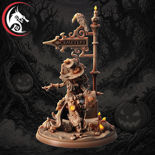 A Halloween-themed miniature figurine of a skeleton in a scythe standing beside a 'Cemetery' signpost with a crow on top, set against a dark spooky forest background with jack-o'-lanterns.