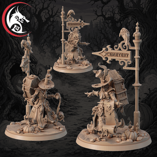 Three unpainted fantasy tabletop miniatures displayed on circular bases against a dark spooky forest background. The figures are detailed and posed around decorative street signs reading 'Cemetery' and 'Sunset', with pumpkins, skulls, and gothic accessories.