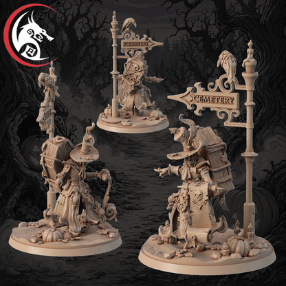 Three unpainted fantasy tabletop miniatures displayed on circular bases against a dark spooky forest background. The figures are detailed and posed around decorative street signs reading 'Cemetery' and 'Sunset', with pumpkins, skulls, and gothic accessories.