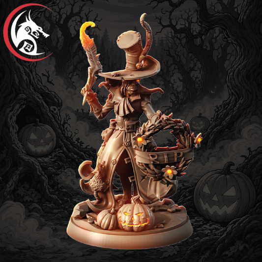 A Halloween-themed fantasy miniature figurine of a grim reaper or witch-like character standing on a decorated base. The figure wears a tall hat with a cat perched on top, holds a scythe with flames, and carries a wreath marked 'RIP' with small pumpkins.