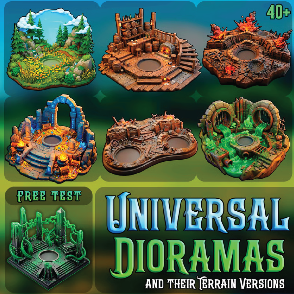 Promotional graphic for Universal Dioramas terrain products, showing six different fantasy and sci-fi diorama layouts with large title text and a green gradient background.