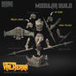 A modular 3D-printed miniature build kit for tabletop gaming, featuring a Captain Valkeria Skyguard Wing Commander figure. The image displays the various assembled and disassembled parts of the miniature, including the wing, aerial lances, torso, legs, and head, arranged on a dark background with text labels and arrows.